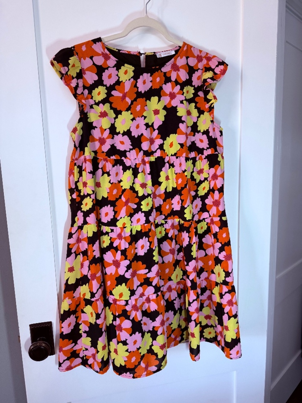 Kirundo Floral Tiered Dress Size M Black/Pink/Orange/Yellow Floral Teacher Dress